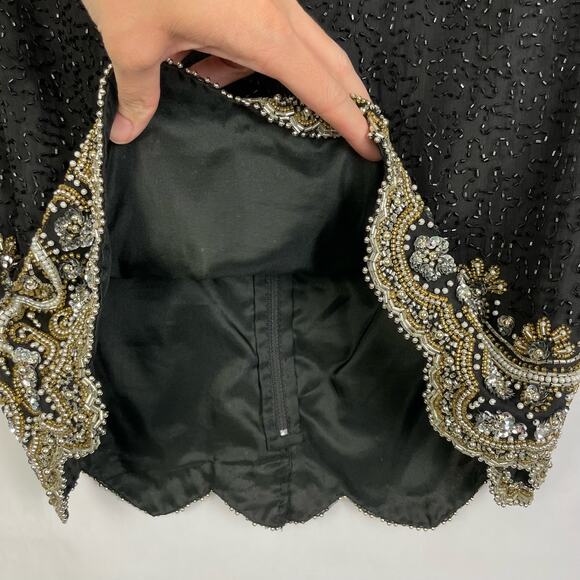 Vintage Laurence Kazer | M/L 80s Beaded & Sequins Silk Elegant Formal Blouse - Picture 6 of 13